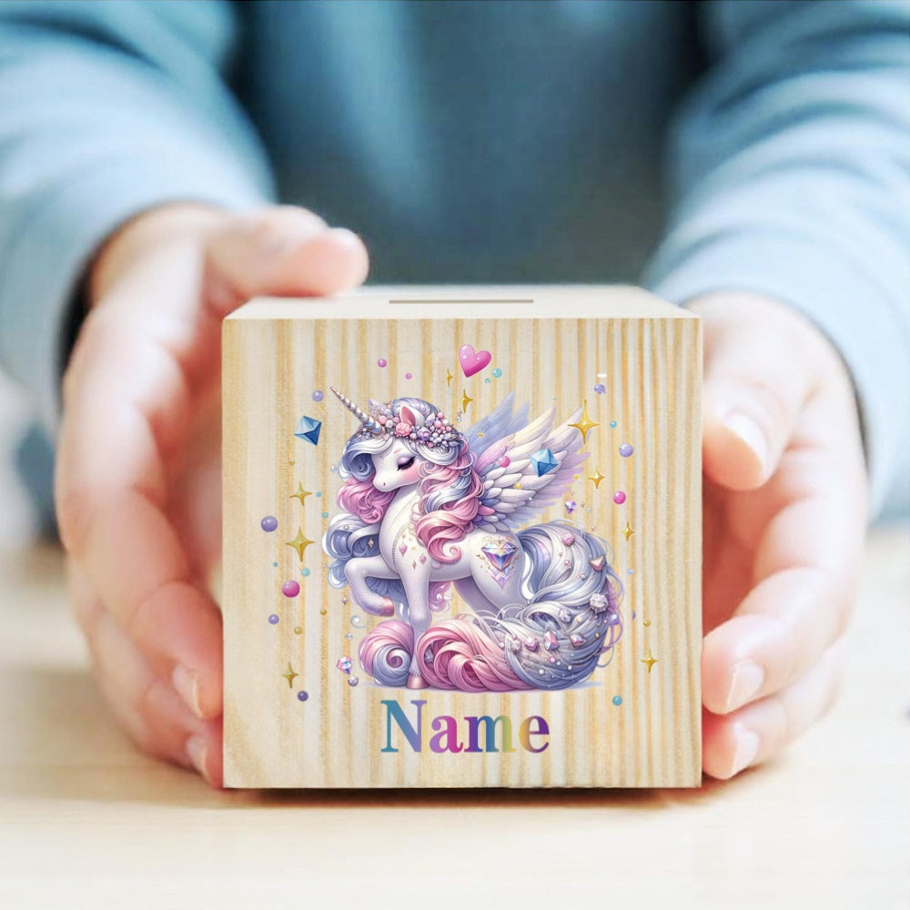 Tirelire cube en bois licorne, 14 motifs au choix