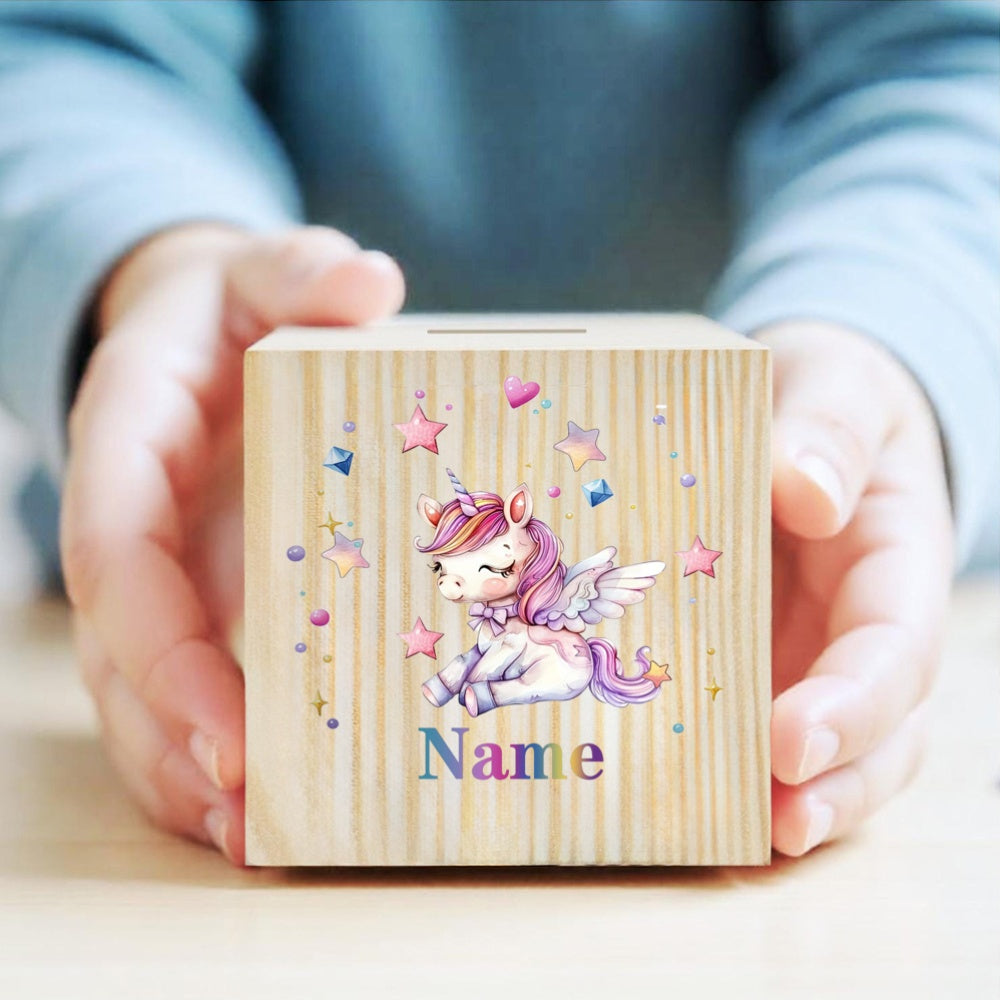 Tirelire cube en bois licorne, 14 motifs au choix