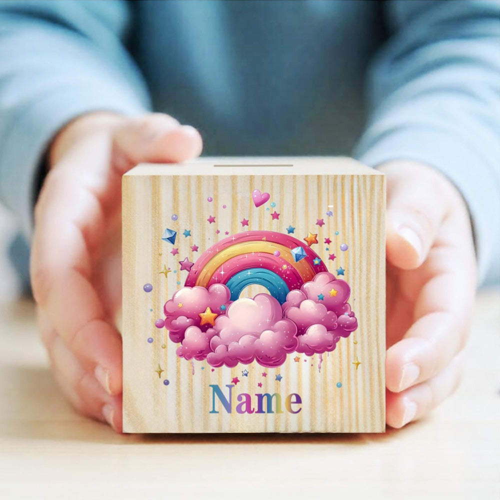 Tirelire cube en bois licorne, 14 motifs au choix