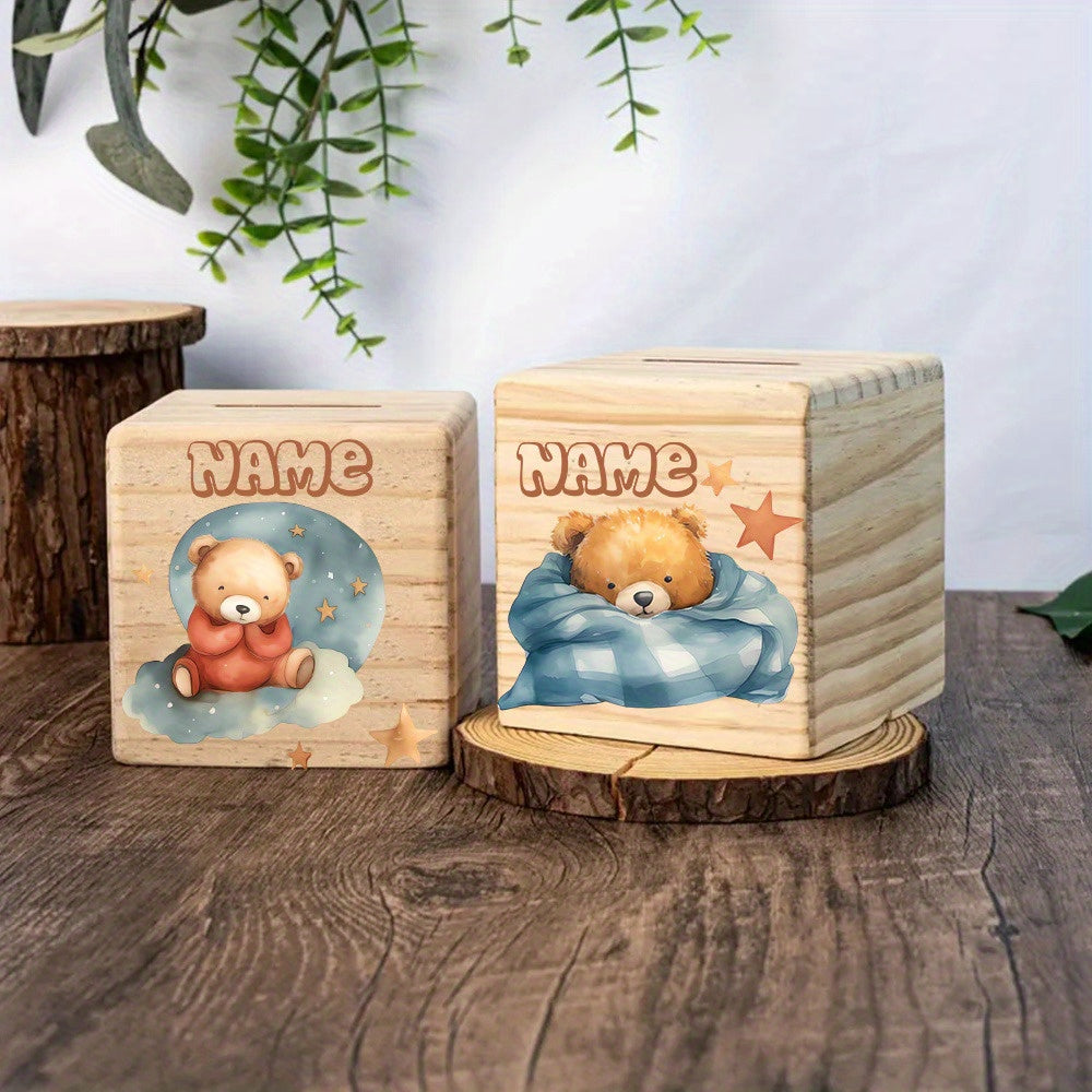 Tirelire cube en bois à ourson, fond coulissant, côté