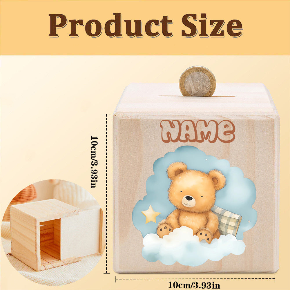 Tirelire cube en bois à ourson, fond coulissant, côté