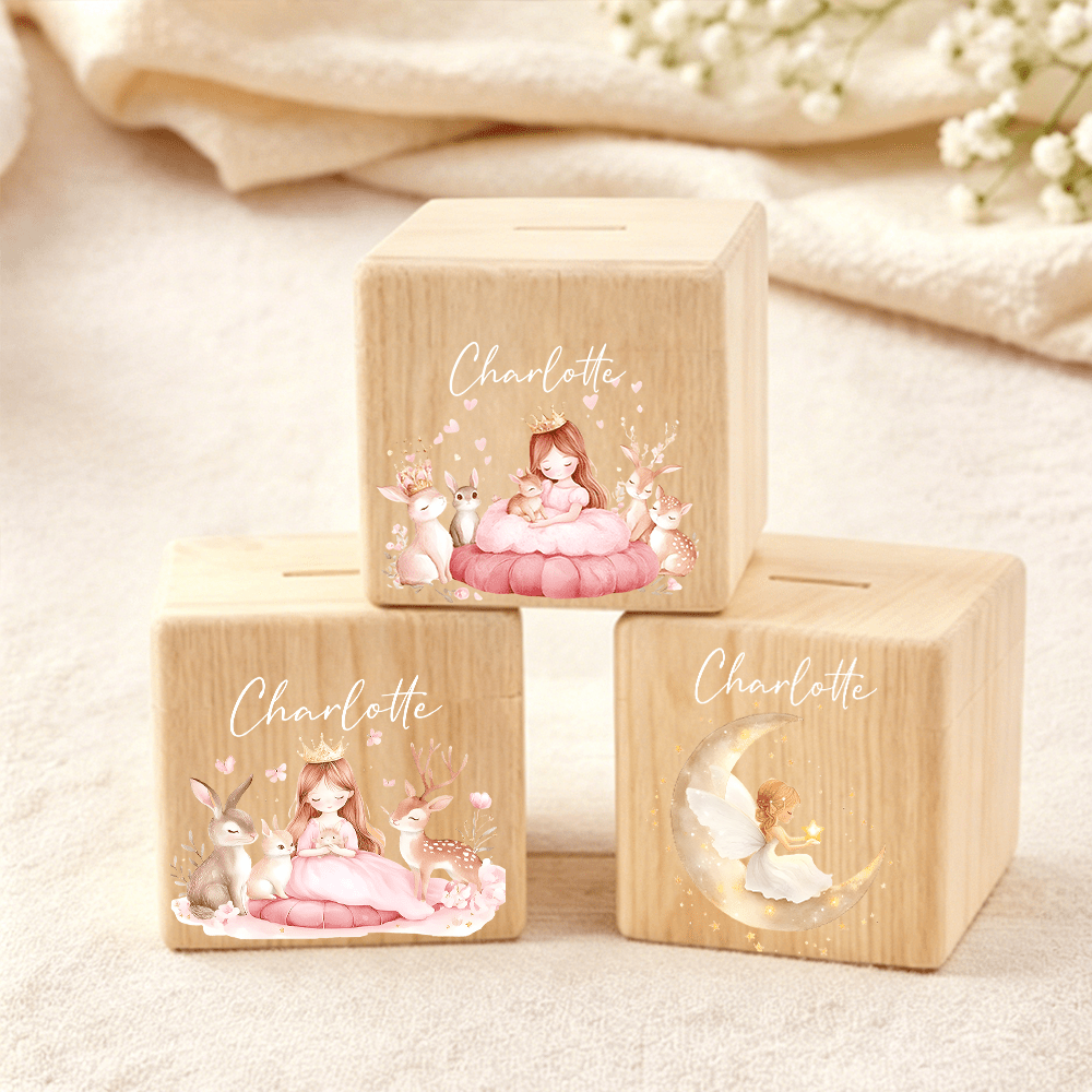 Tirelire cube en bois, princesse et lapins aquarellés