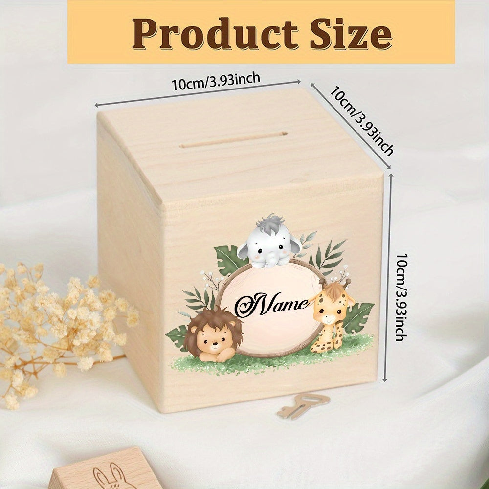Tirelire cube en bois, princesse et lapins aquarellés