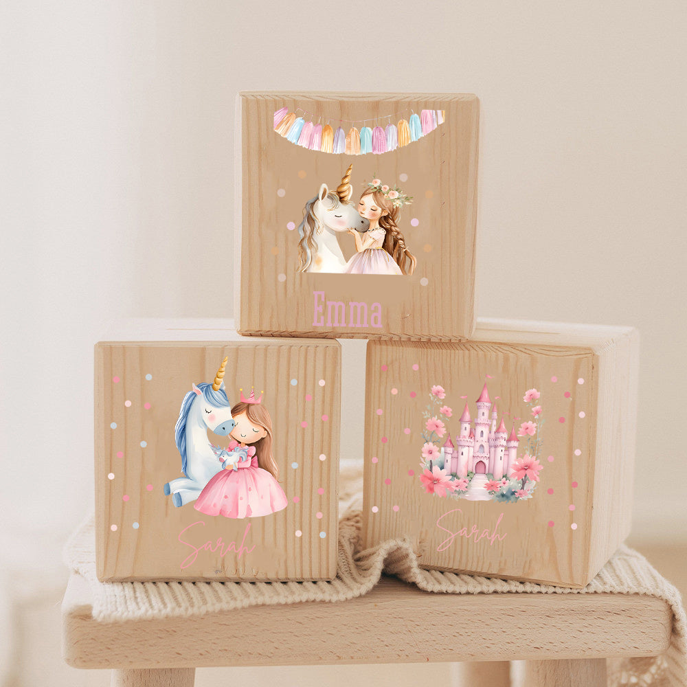 Tirelire cube en bois pour fille, princesse et licorne