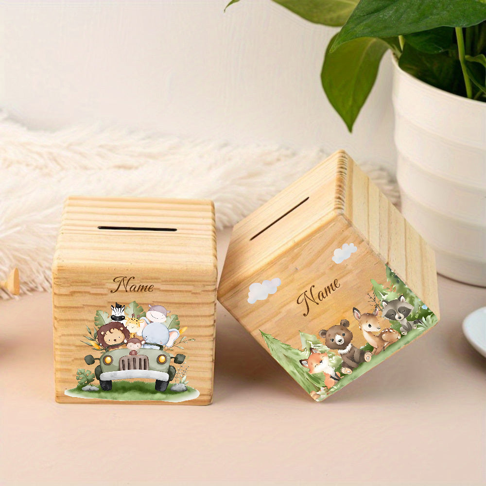 Tirelire cube en bois, petite scène de forêt aquarellée