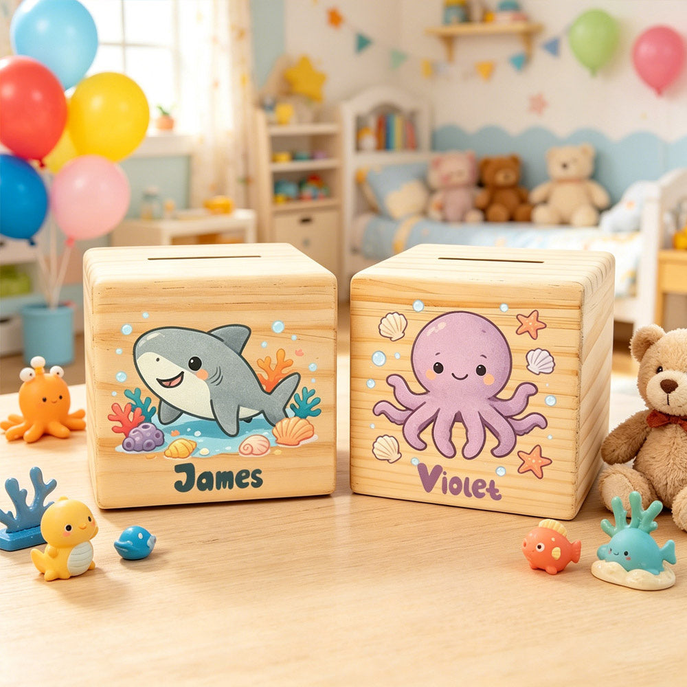 Tirelire cube en bois, six créatures marines