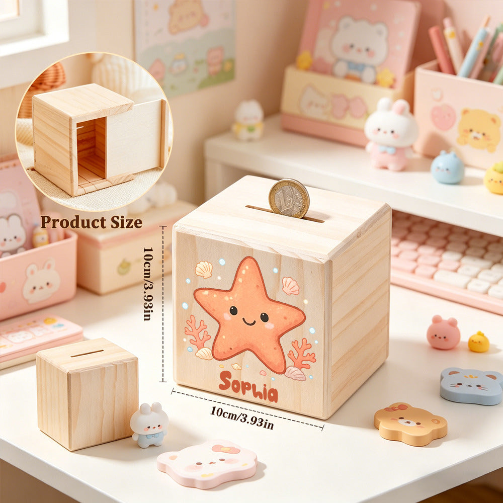 Tirelire cube en bois, six créatures marines
