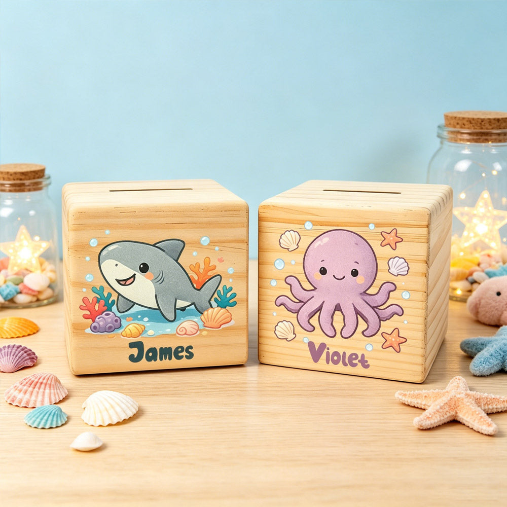 Tirelire cube en bois, six créatures marines