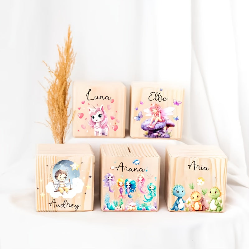 Tirelire cube en bois, six décors d'enfance illustrés