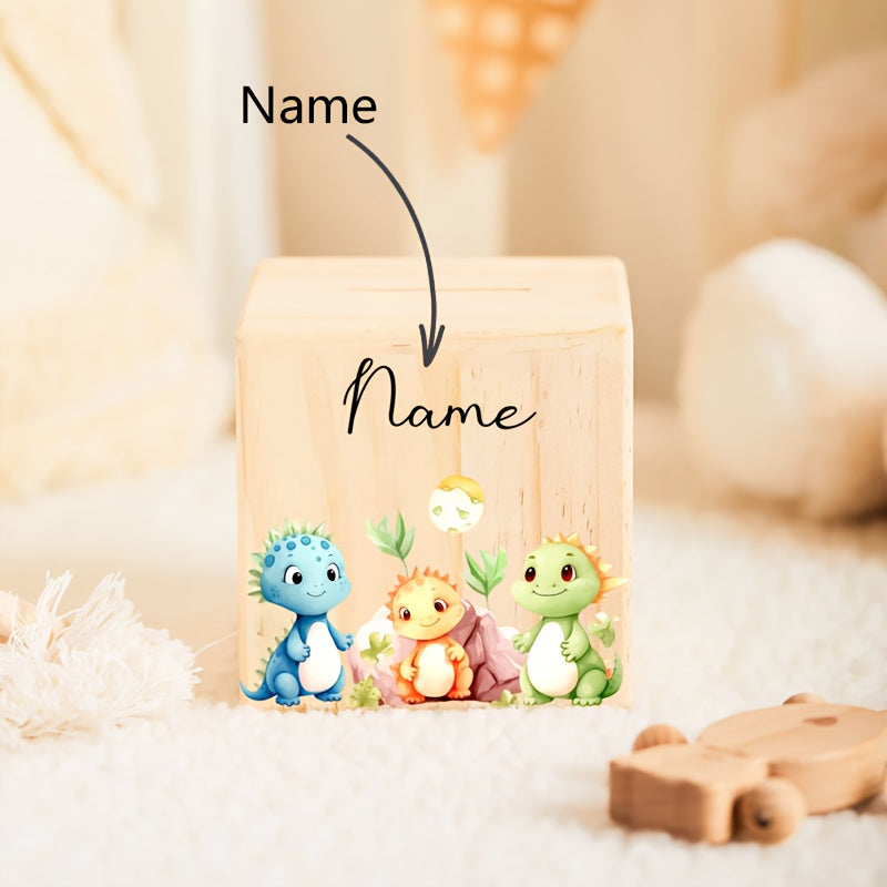 Tirelire cube en bois, six décors d'enfance illustrés