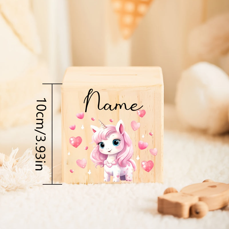 Tirelire cube en bois, six décors d'enfance illustrés