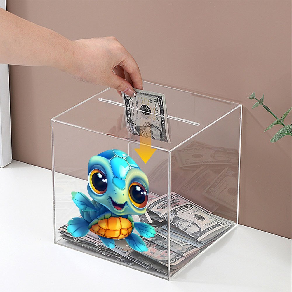 Tirelire cube transparent 12 cm, motif tortue et fente large