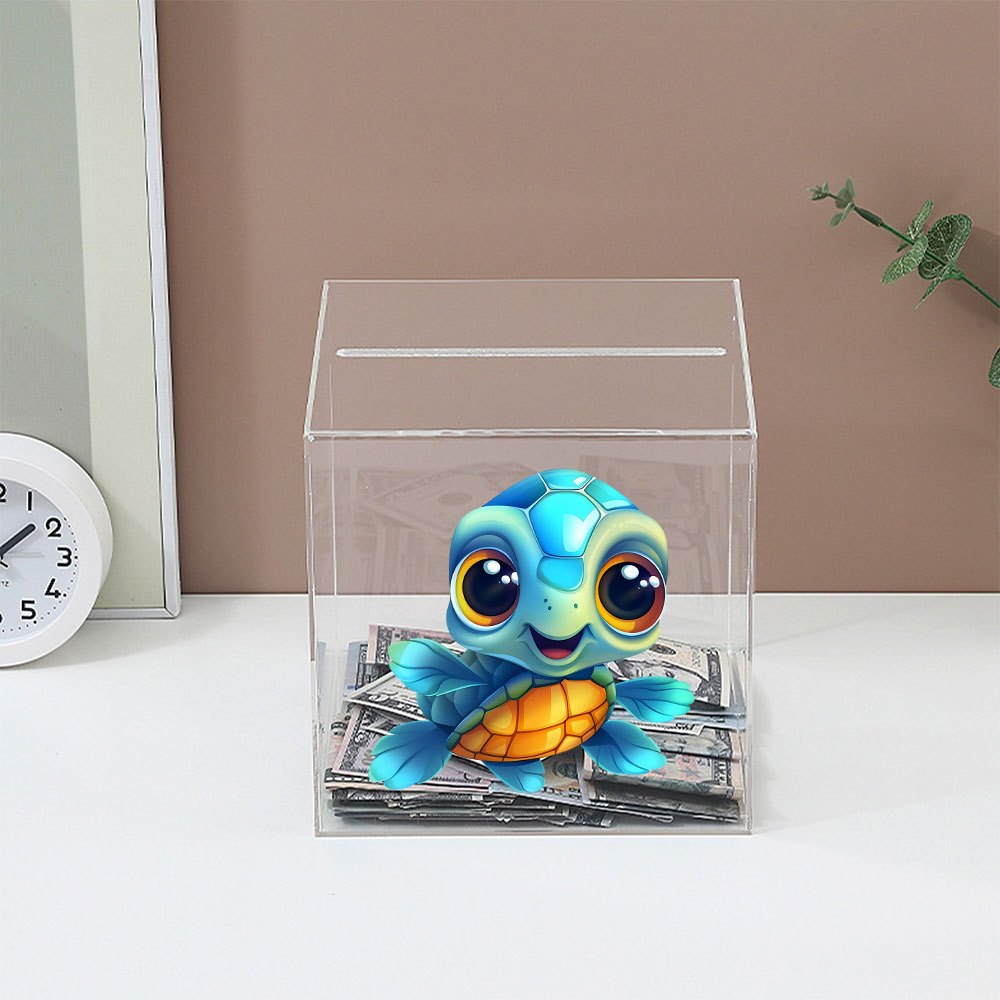 Tirelire cube transparent 12 cm, motif tortue et fente large