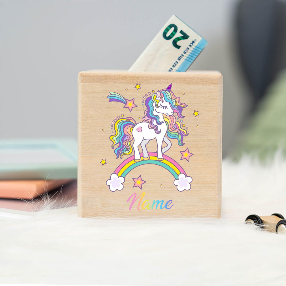 Tirelire cube en hêtre, licornes imprimées