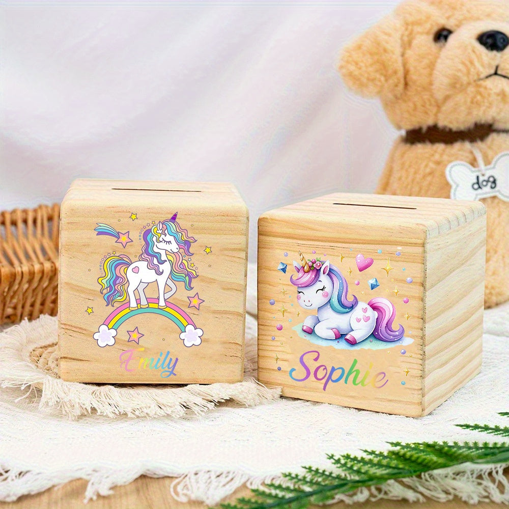 Tirelire cube en hêtre, licornes imprimées
