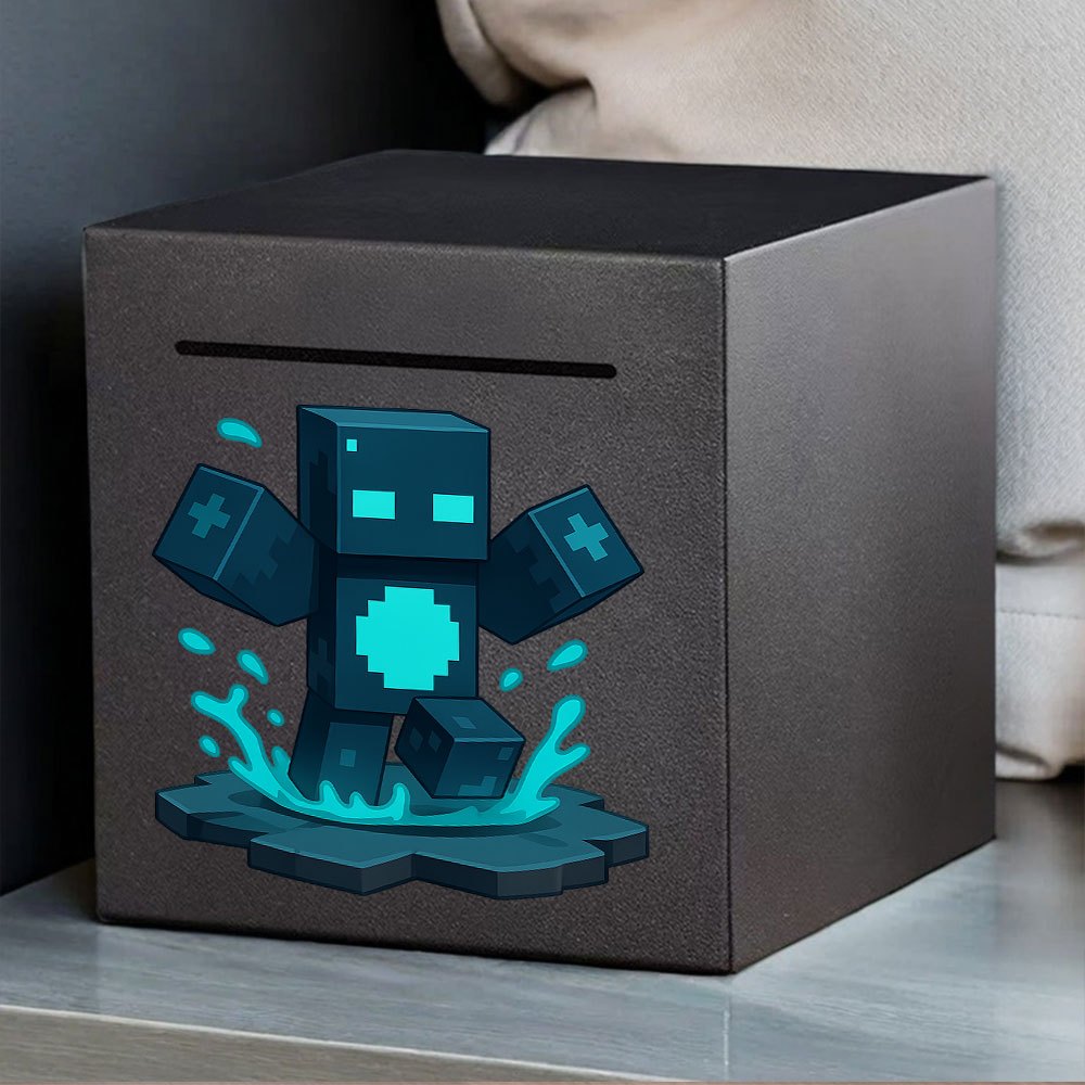 Tirelire cube en métal, créature en pixels