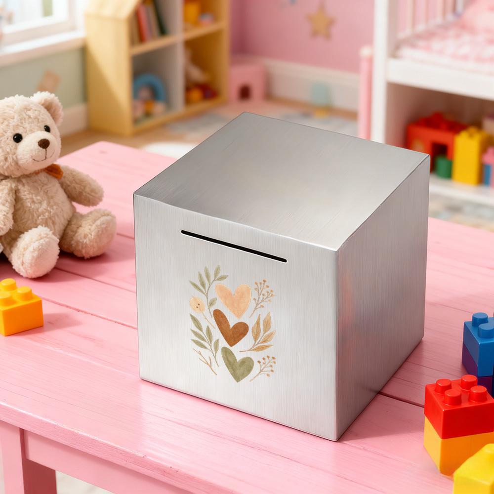 Tirelire cube en métal brossé — Trois cœurs à l'aquarelle