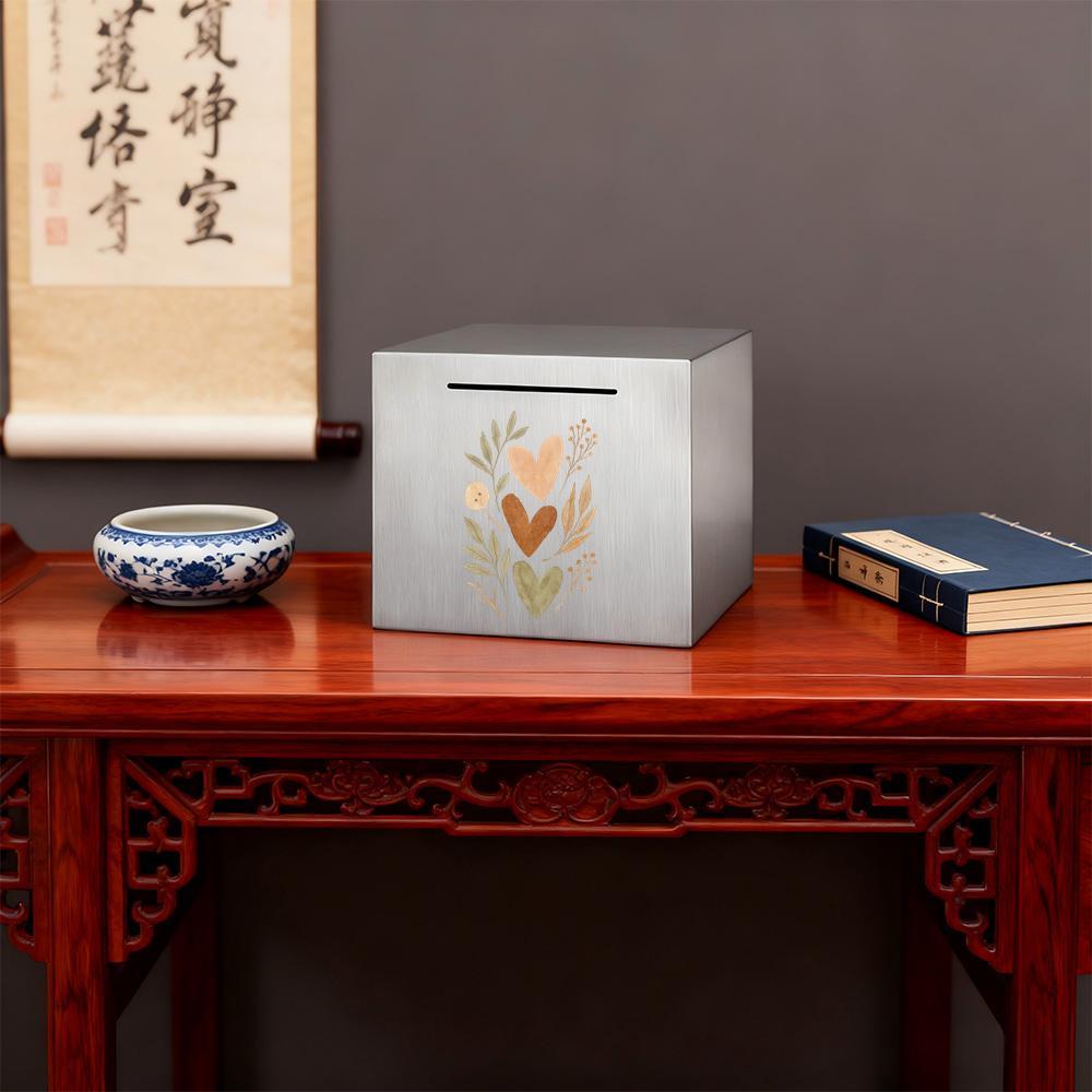 Tirelire cube en métal brossé — Trois cœurs à l'aquarelle