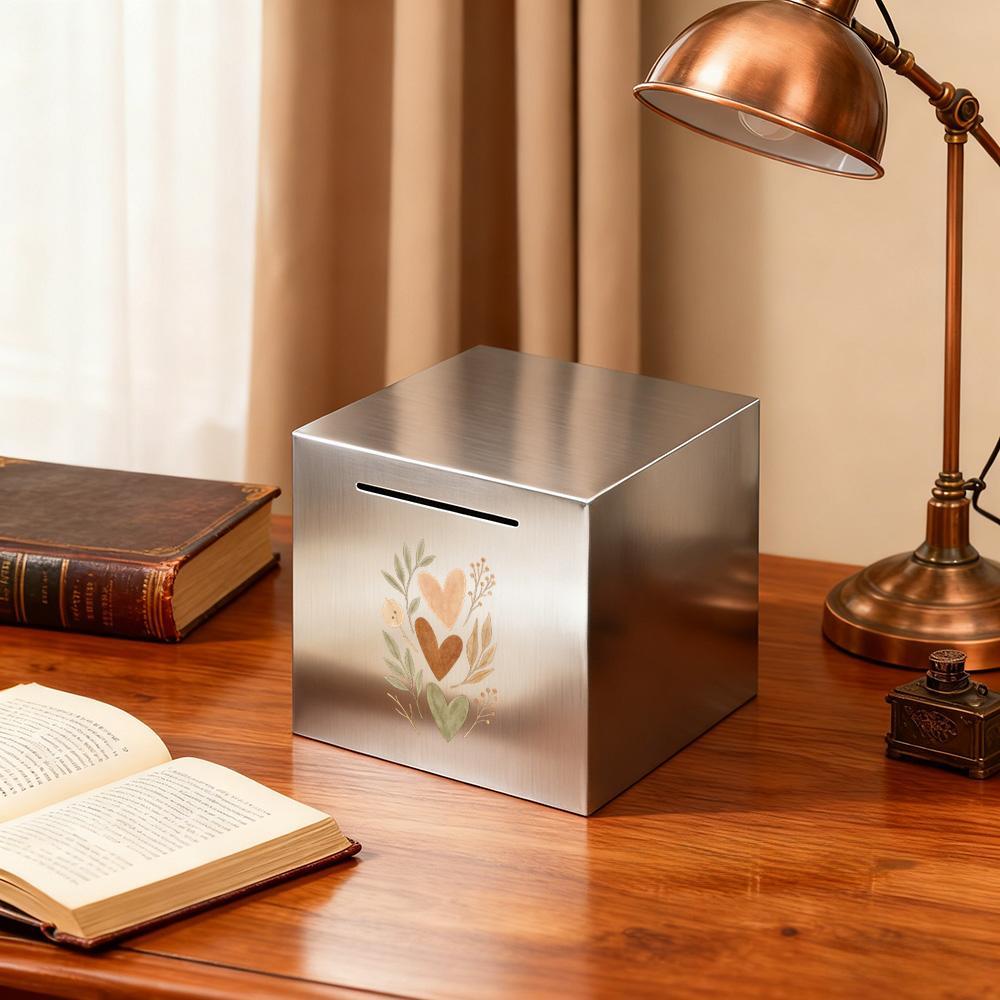 Tirelire cube en métal brossé — Trois cœurs à l'aquarelle