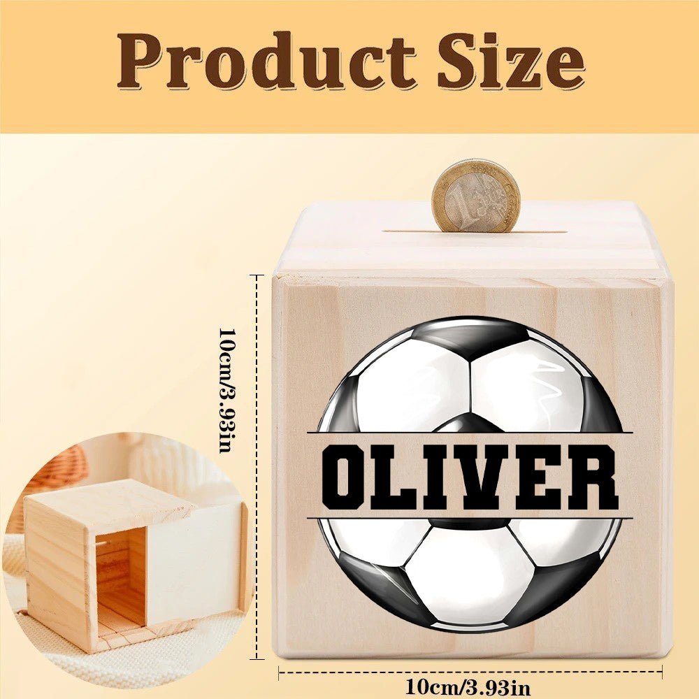 Tirelire cube en pin brut, motif ballon de football
