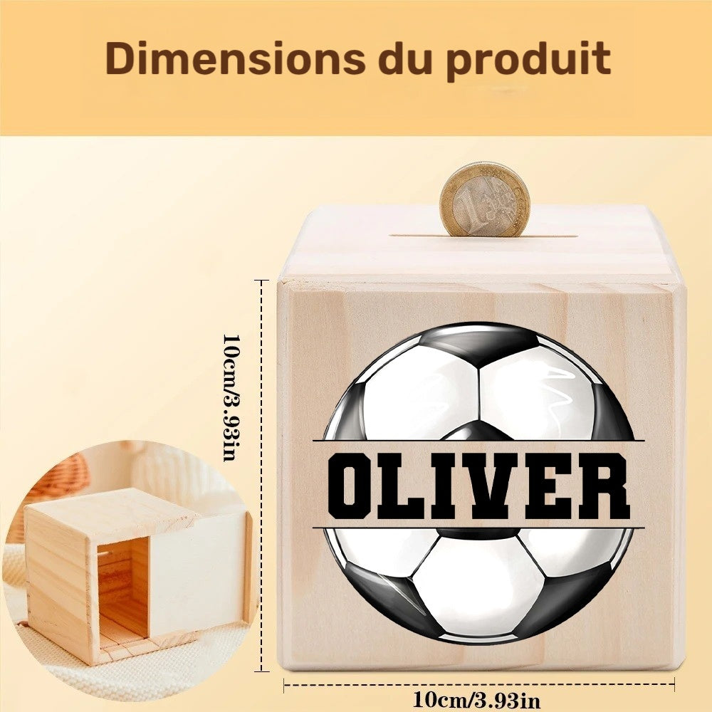 Tirelire cube en pin brut, motif ballon de football