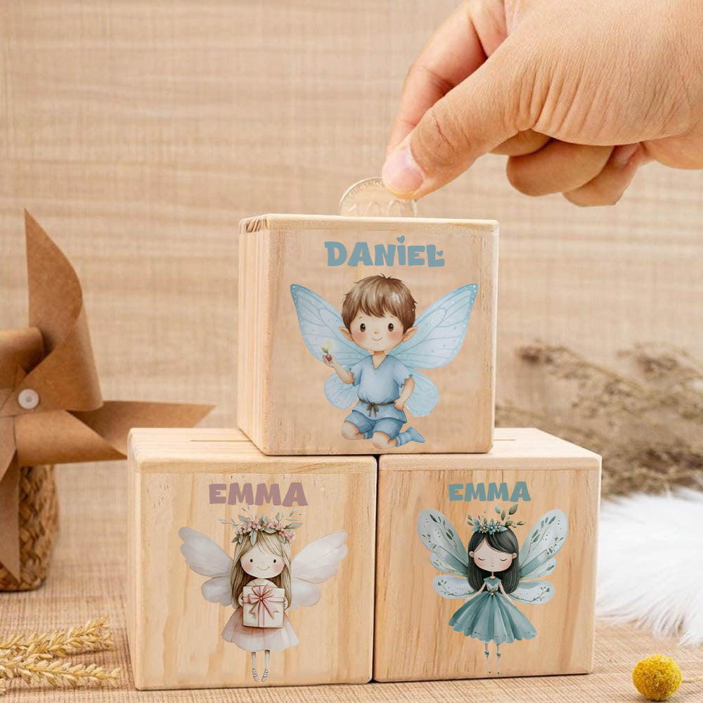 Tirelire cube en bois, fées et lutins ailés peints à 'aquarelle