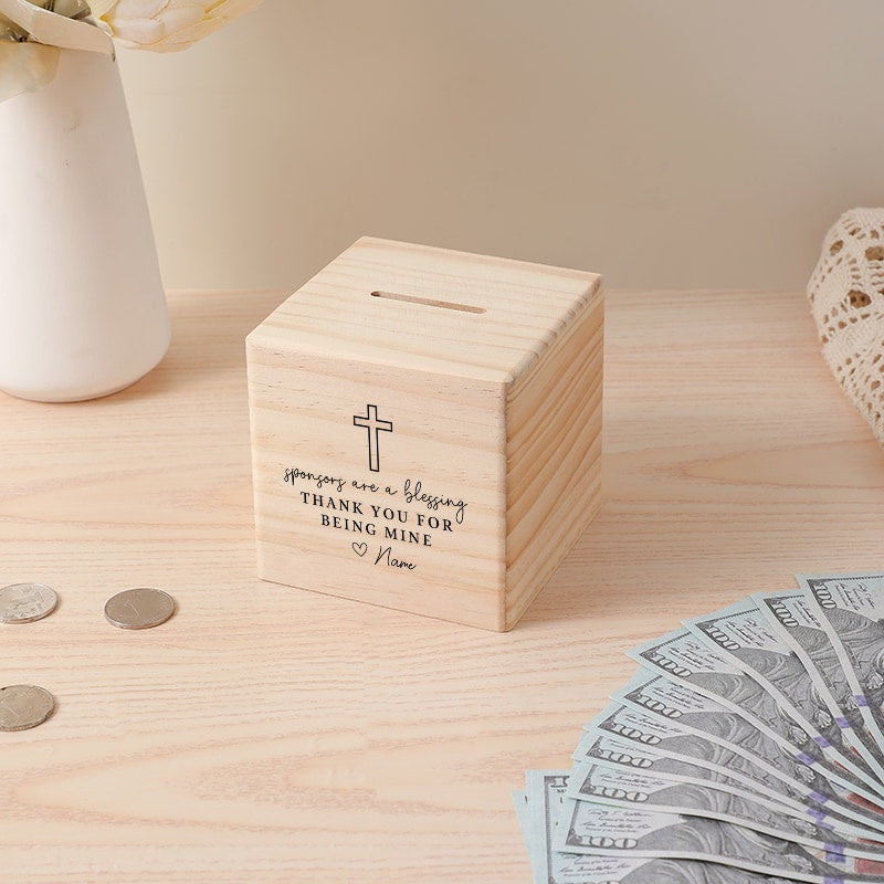 Tirelire cube en pin à fente large, pièces et billets pliés
