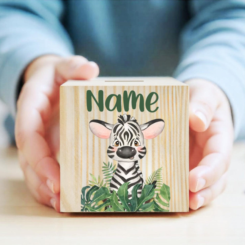 Tirelire cube en pin, neuf illustrations de jungle en lavis