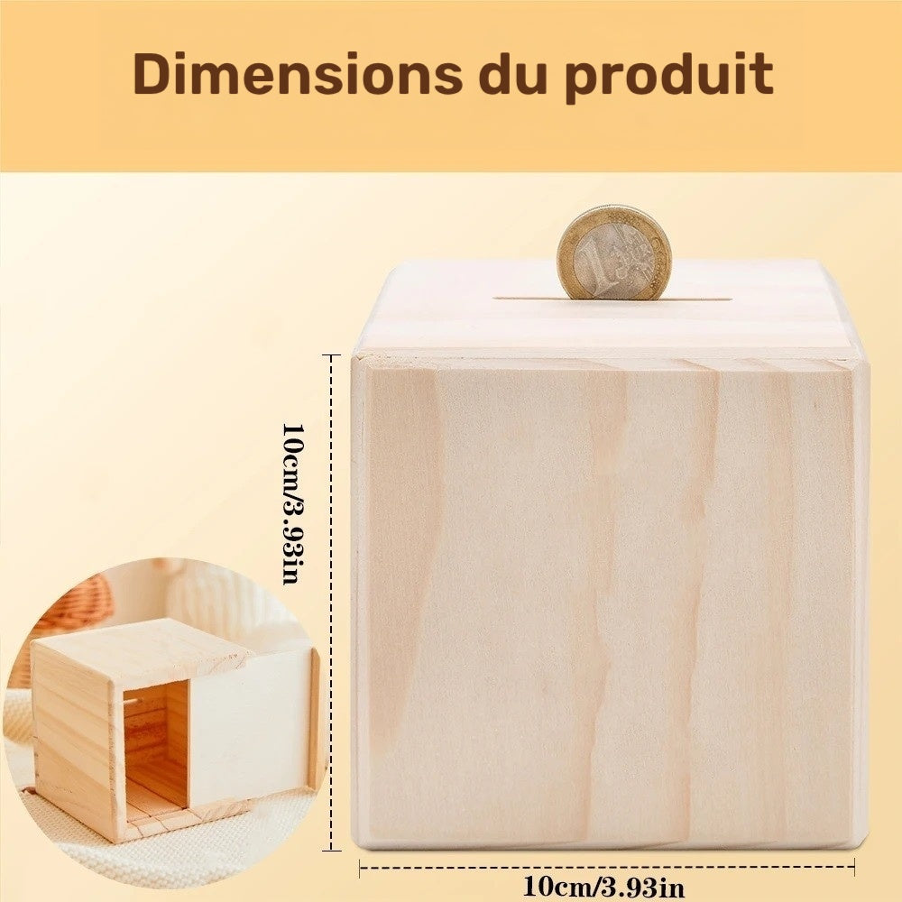 Tirelire cube en pin, neuf illustrations de jungle en lavis