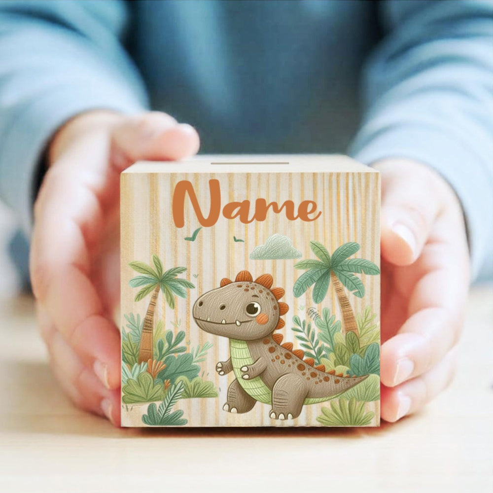 Tirelire cube en pin, neuf illustrations de jungle en lavis