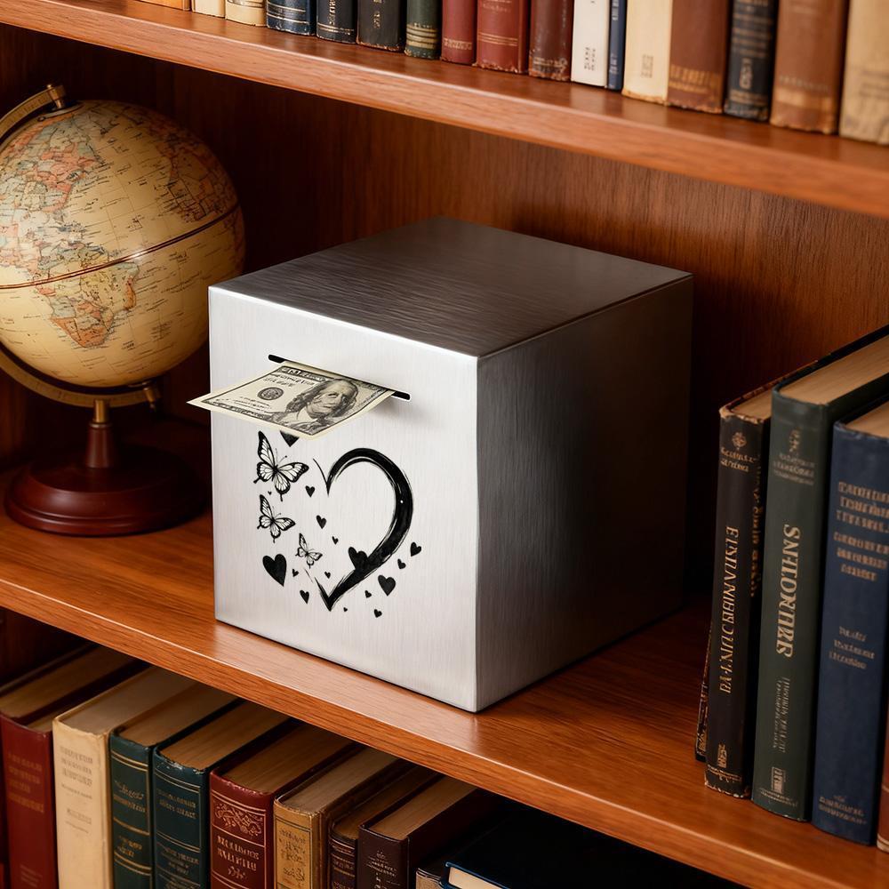 Tirelire cube de métal brossé, cœur et papillons imprimés