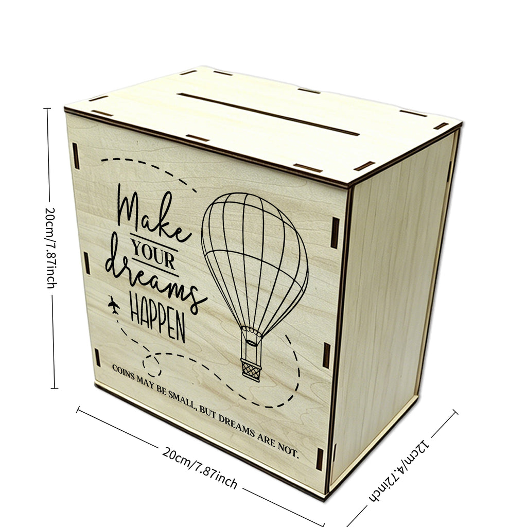 Tirelire coffre à souvenirs de voyage, cube de bois