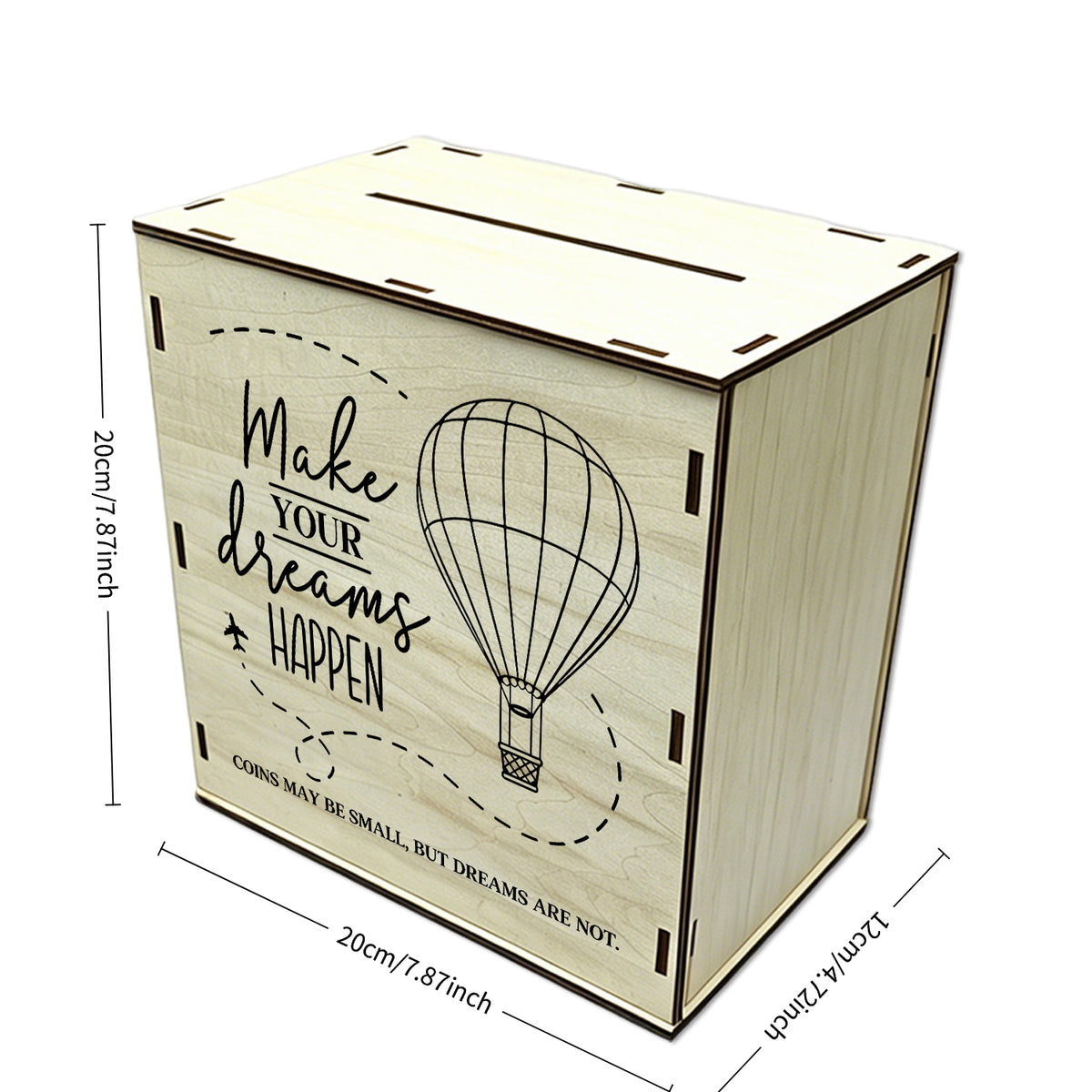 Tirelire coffre à souvenirs de voyage, cube de bois