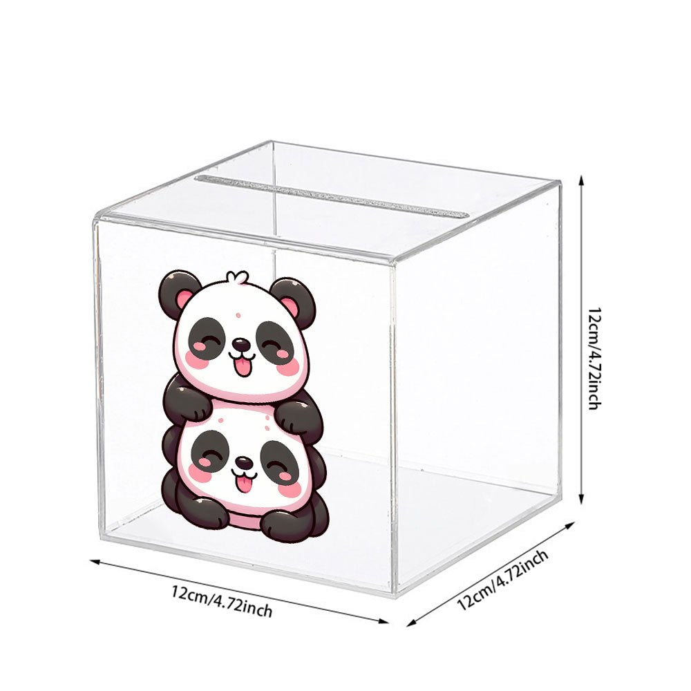 Tirelire cube transparente 12 cm — Deux pandas roses empilés