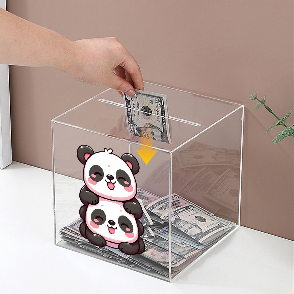 Tirelire cube transparente 12 cm — Deux pandas roses empilés