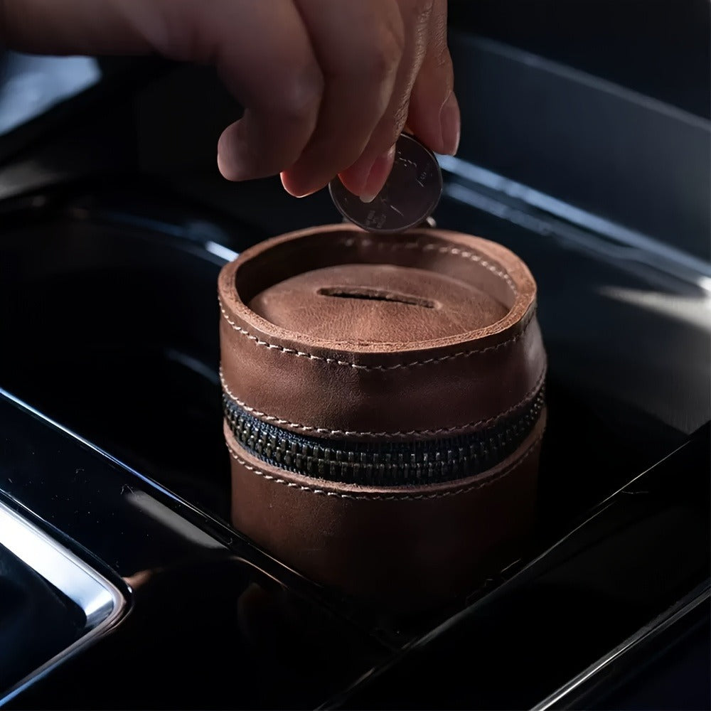 Tirelire en cuir PU, format porte-gobelet de voiture