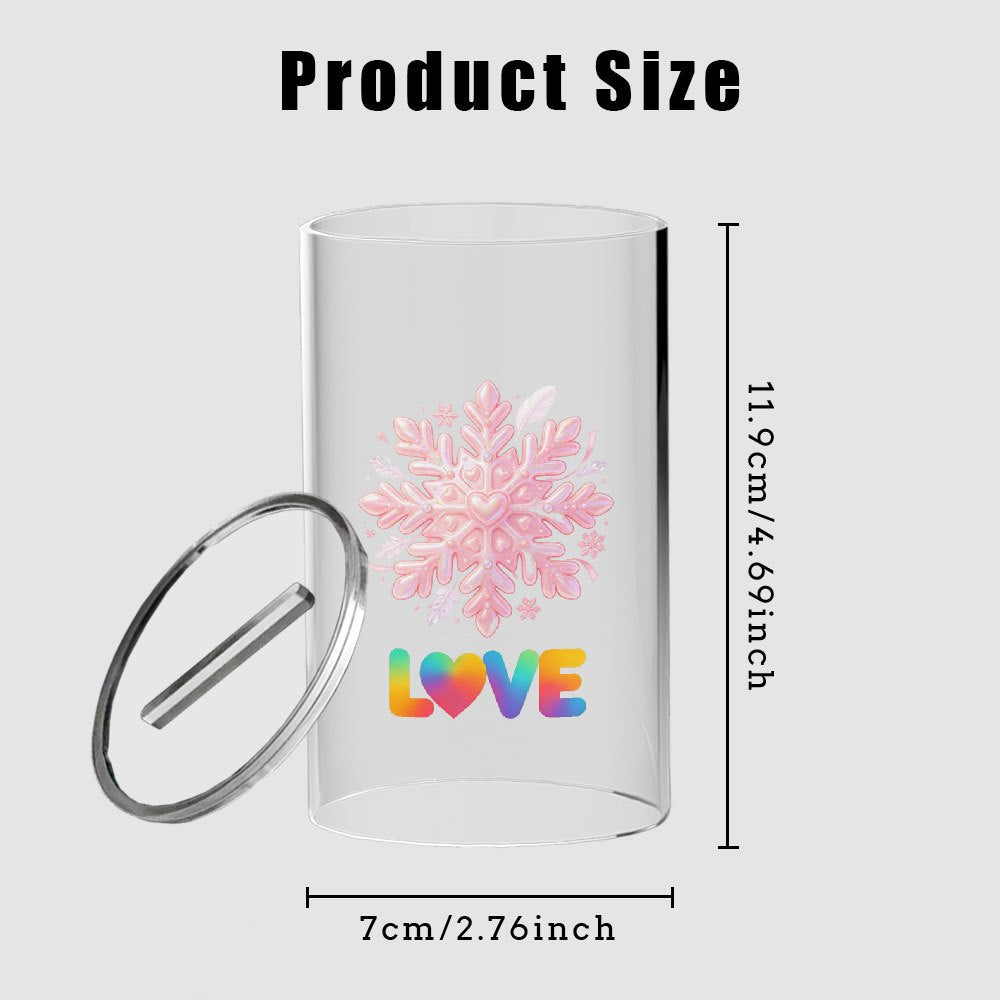 Tirelire cylindre transparent, flocon de neige rose nacré