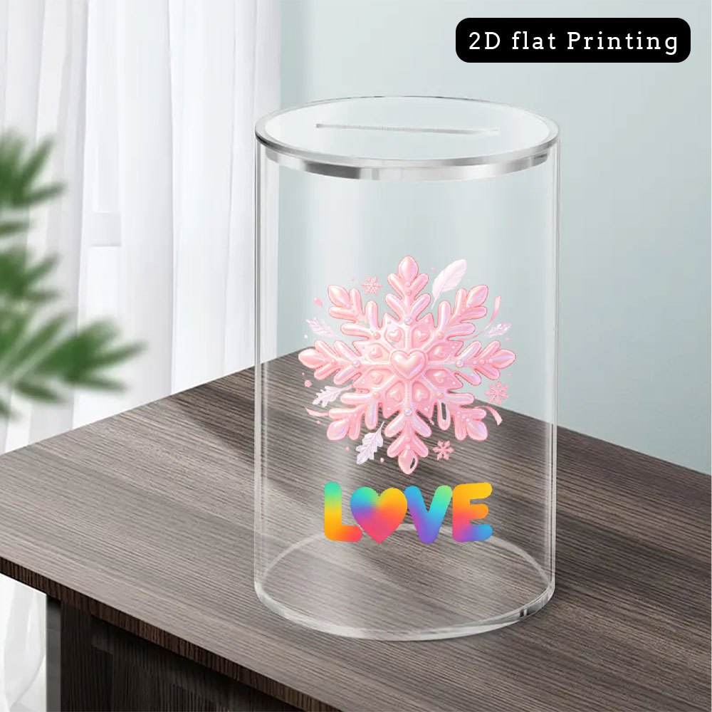 Tirelire cylindre transparent, flocon de neige rose nacré
