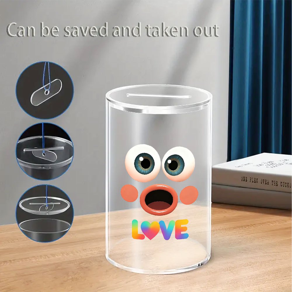 Tirelire cylindre transparent, visage rieur aux grands yeux