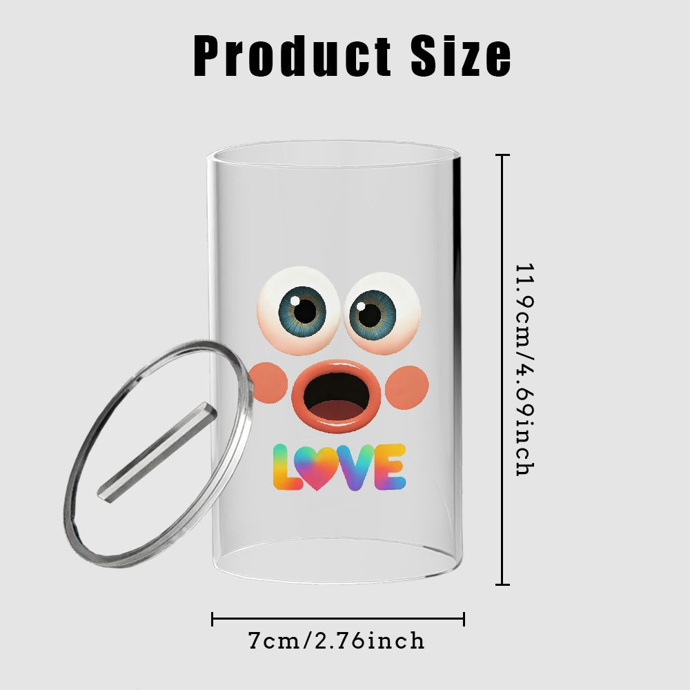 Tirelire cylindre transparent, visage rieur aux grands yeux