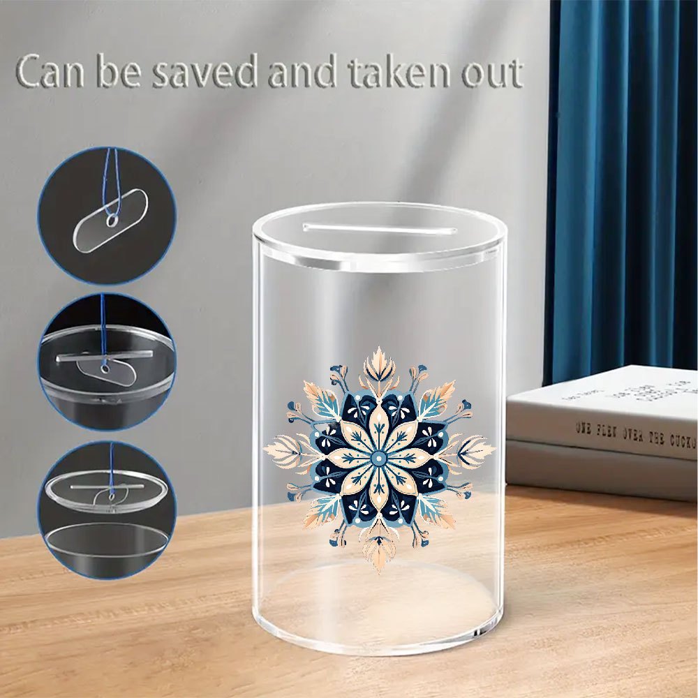Tirelire cylindrique transparente à motif mandala fleuri