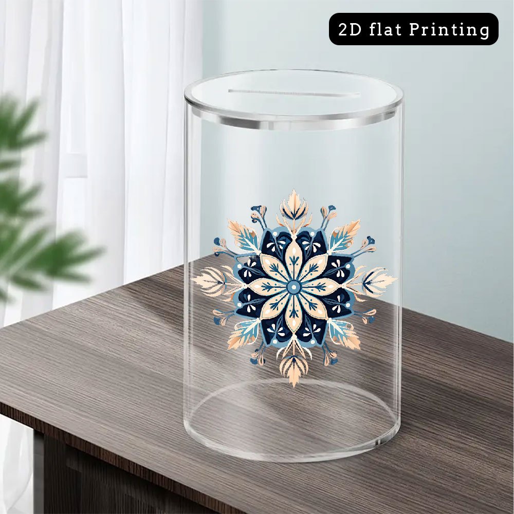 Tirelire cylindrique transparente à motif mandala fleuri