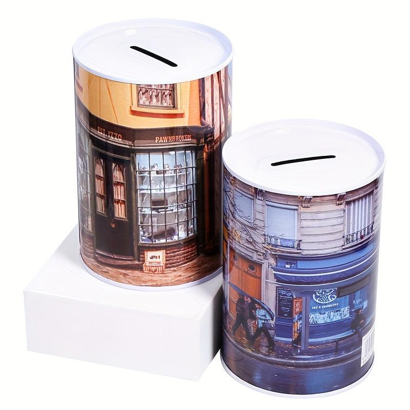 Tirelire cylindrique en métal, décor de rue urbaine