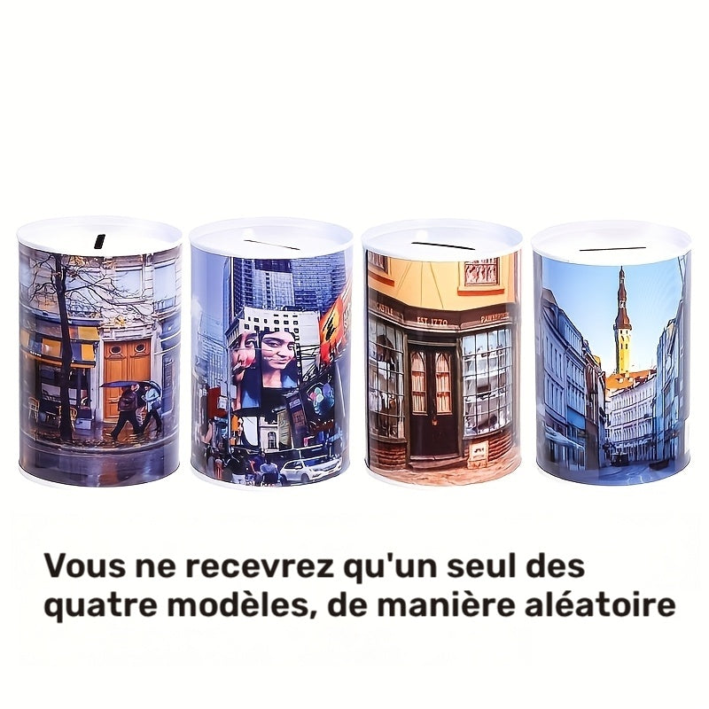 Tirelire cylindrique en métal, décor de rue urbaine