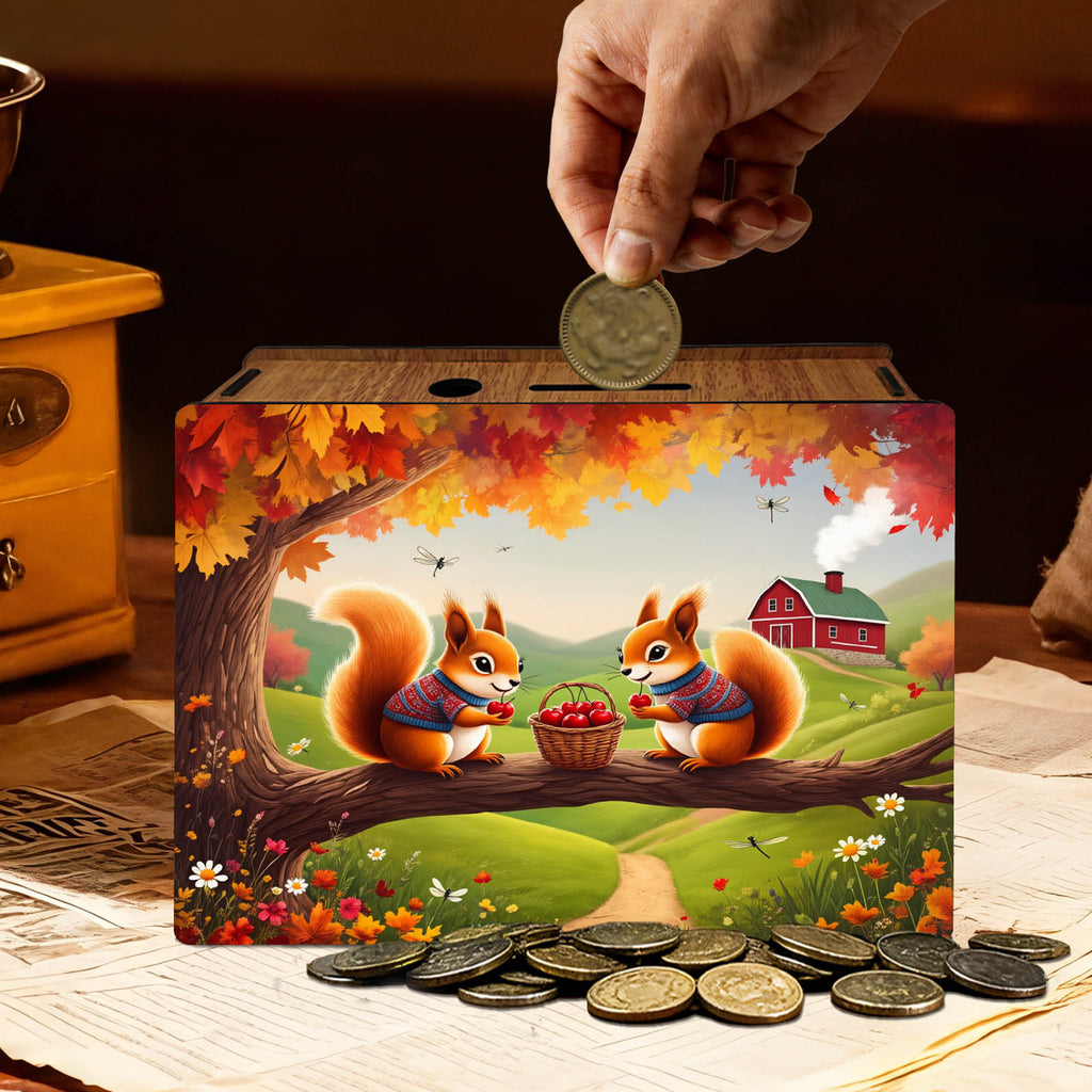 Tirelire deux écureuils en bois, panier de cerises d'automne