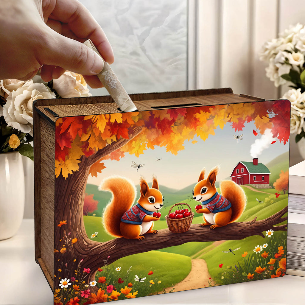 Tirelire deux écureuils en bois, panier de cerises d'automne