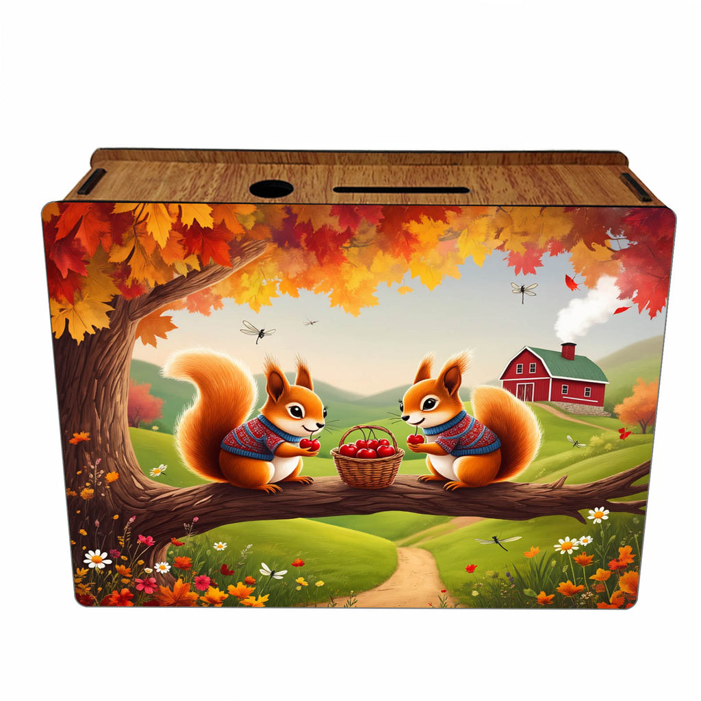 Tirelire deux écureuils en bois, panier de cerises d'automne