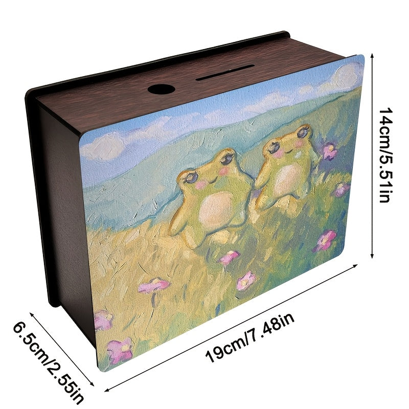 Tirelire deux grenouilles en prairie — Huile sur toile, 19 cm