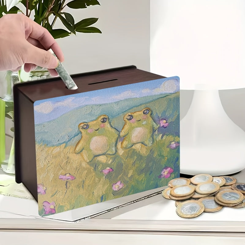 Tirelire deux grenouilles en prairie — Huile sur toile, 19 cm