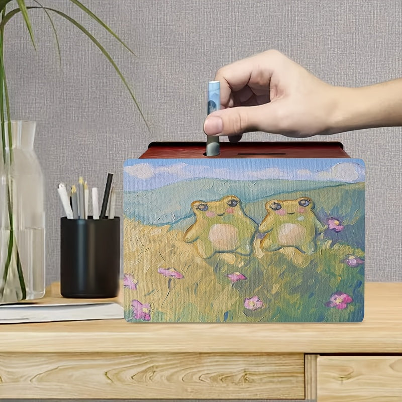 Tirelire deux grenouilles en prairie — Huile sur toile, 19 cm